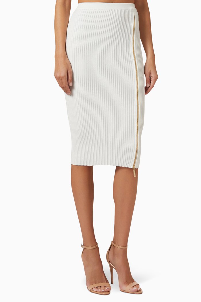 

Zip Slit Midi Skirt in Ribbed-knit, White