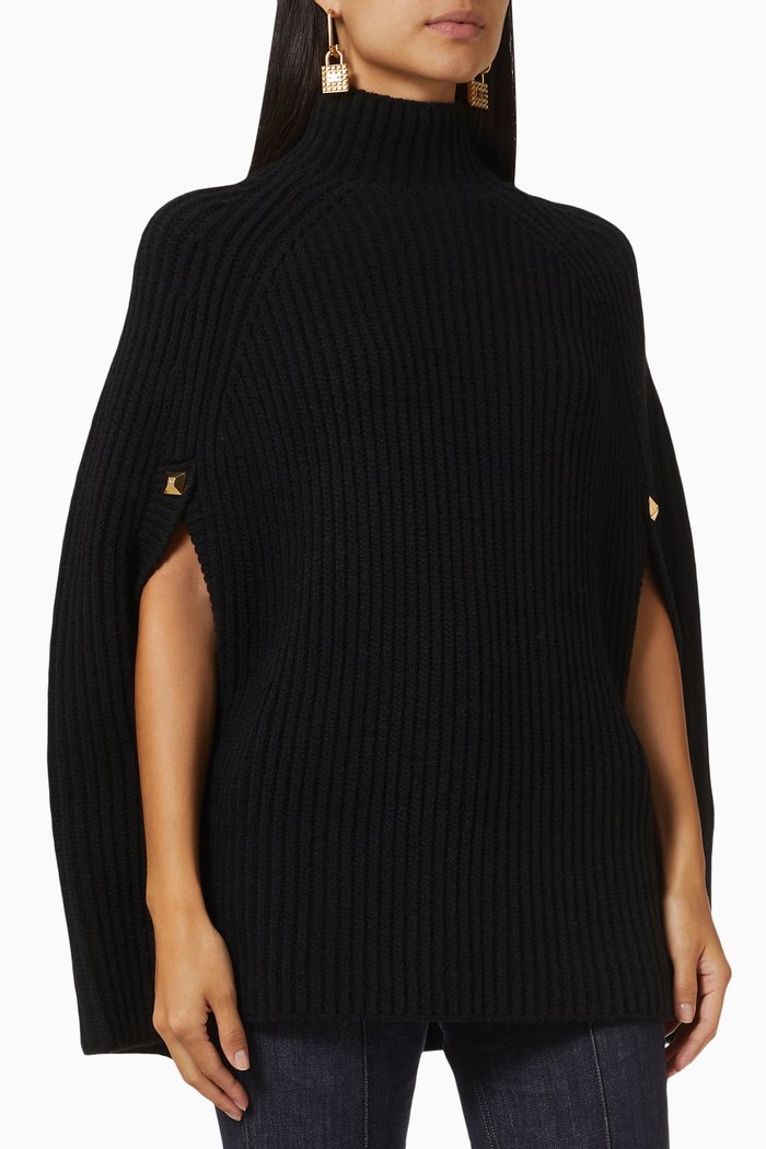 Turtleneck Cape Sweater in Wool Blend, Black