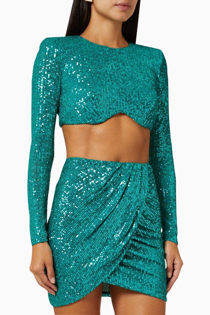 

Sequined Crop Top & Mini Skirt Set in Fabric, Green