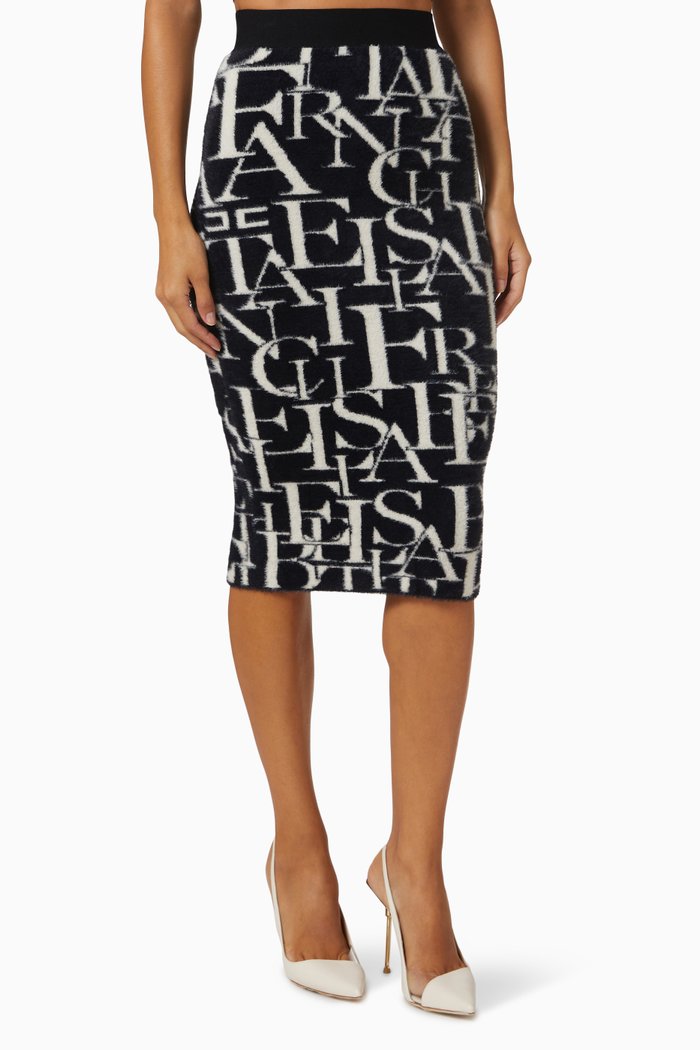 

Logo Print Midi Skirt in Chenille, Black