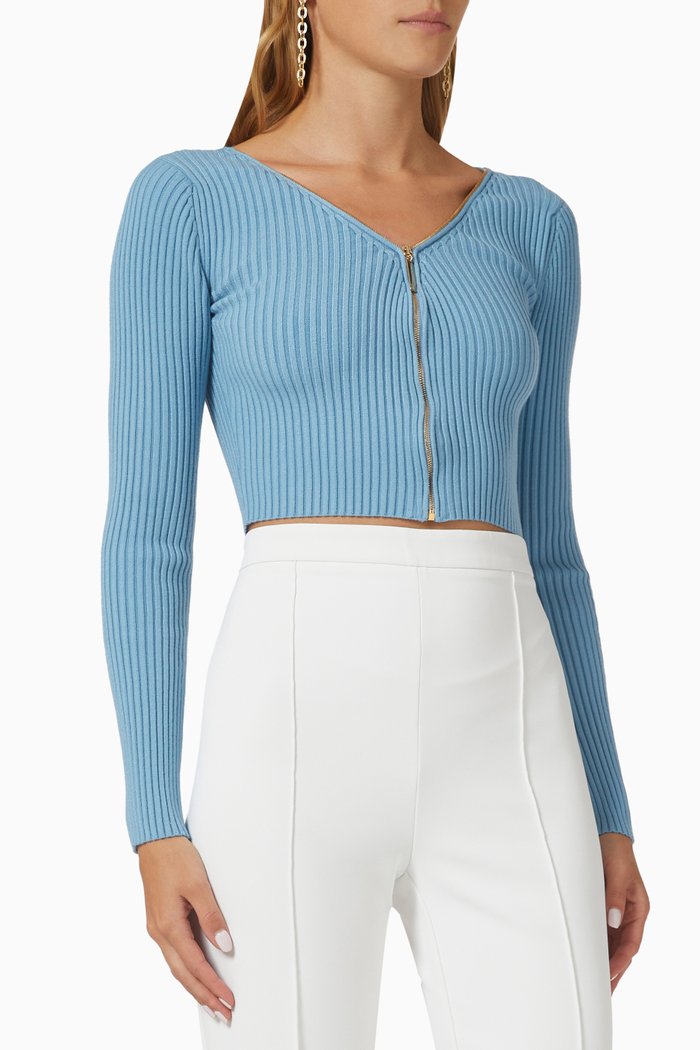 

Zip Crop Top in Ribbed Knit, Blue
