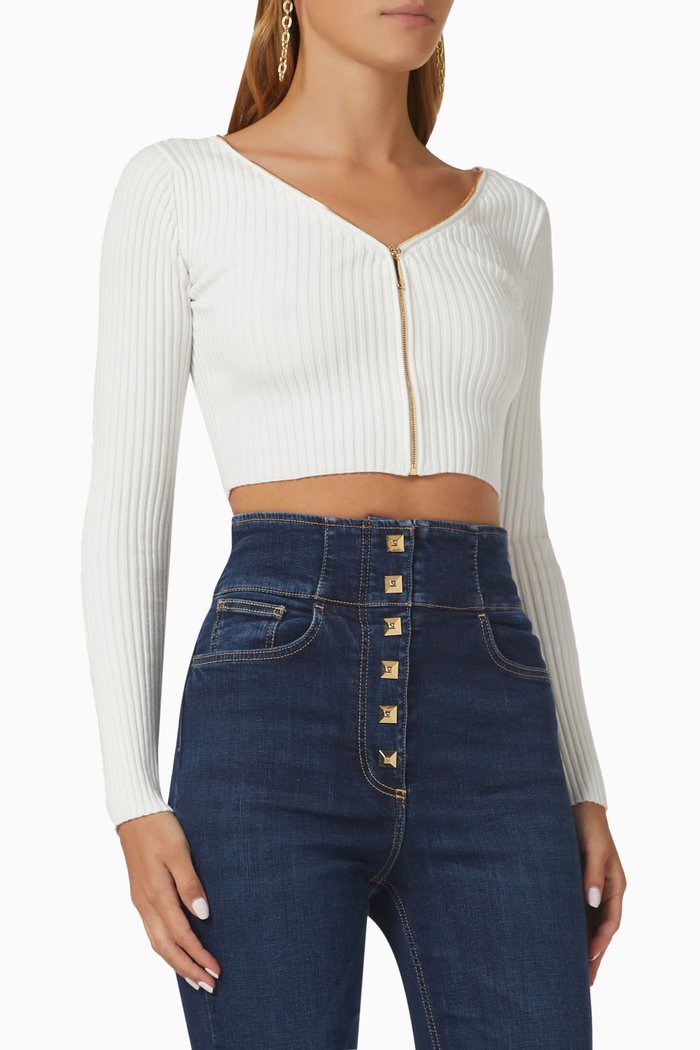 

Zip Crop Top in Ribbed Knit, White