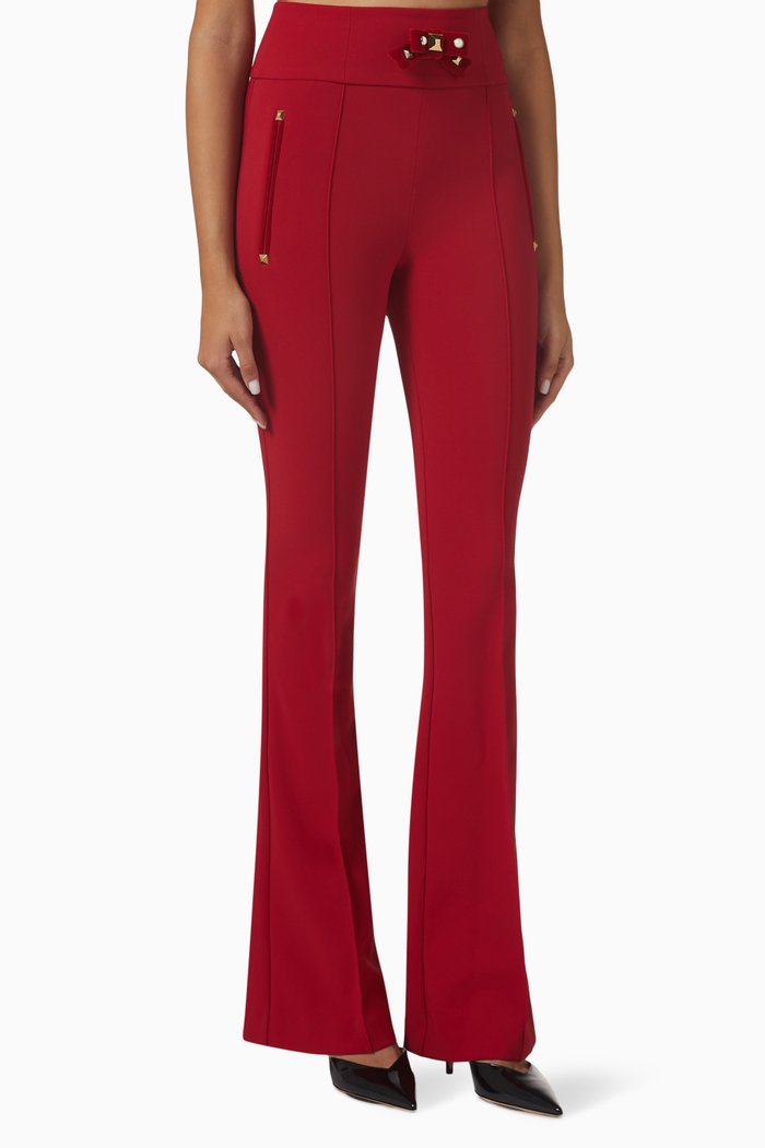

Studded Bell-bottom Pants in Stretch Crepe, Red