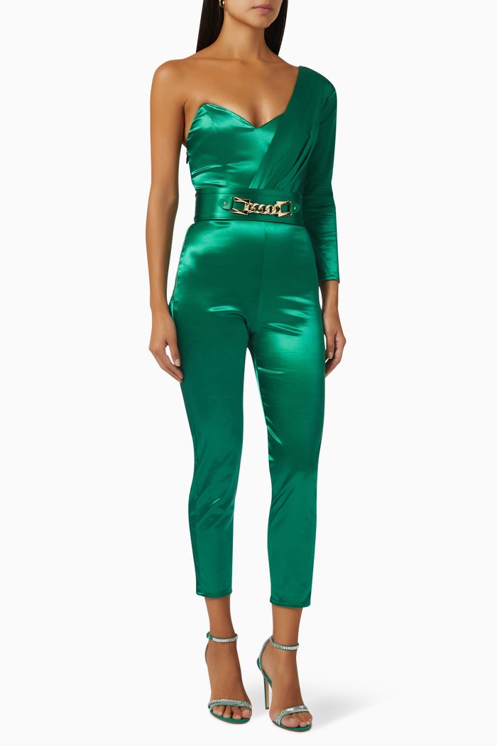 

One-shoulder Asymmetric Jumpsuit in Stretch-satin, Green