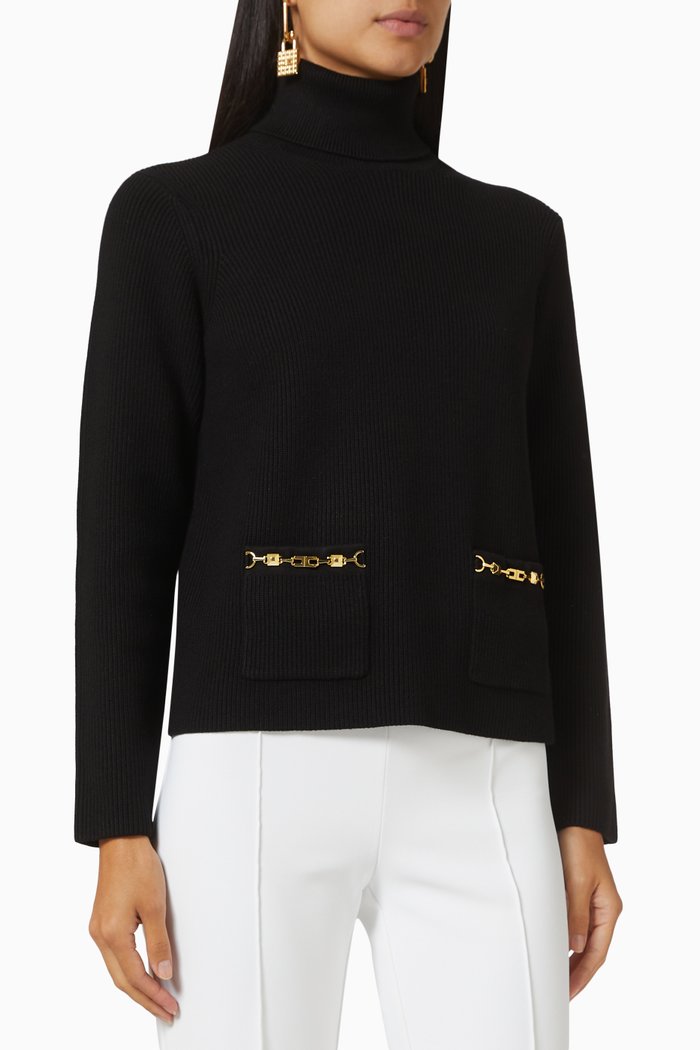 

Horsebit Turtleneck Sweater in Rib-knit Fabric, Black
