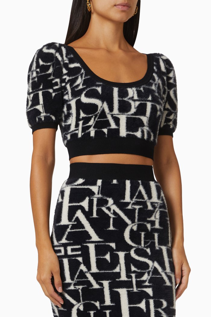 

Balloon-sleeves Crop Top in Logo Jacquard-knit, Black