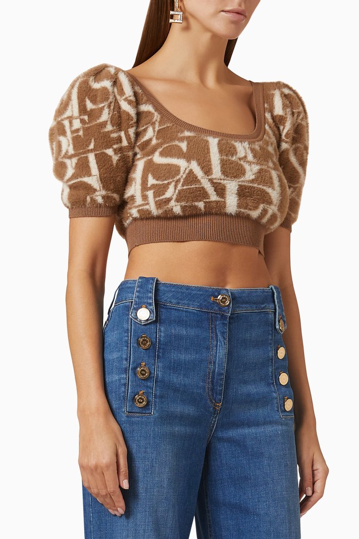 

Balloon-sleeves Crop Top in Logo Jacquard-knit, Brown