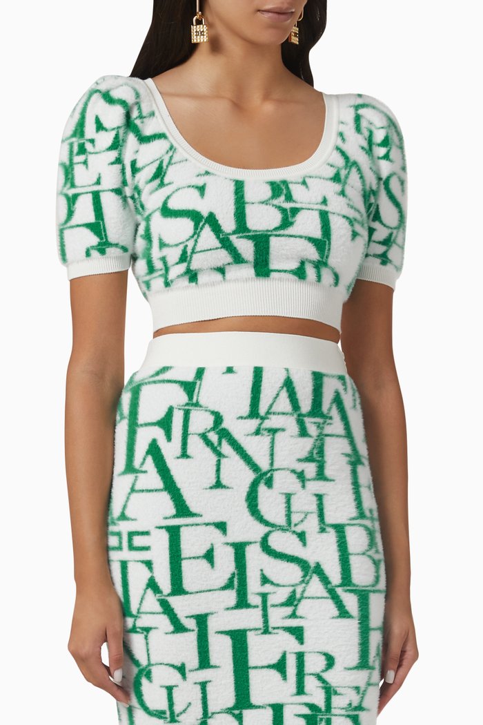 Balloon-sleeves Crop Top in Logo Jacquard-knit, White