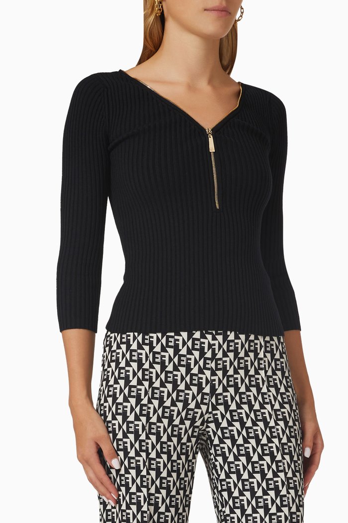 Zip Top in Ribbed Knit, Black