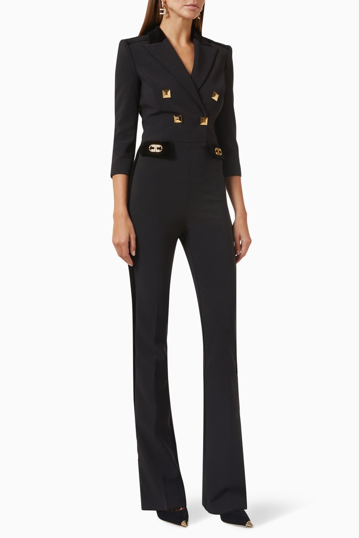 

Studded Double-breasted Jumpsuit in Stretch Crepe, Black
