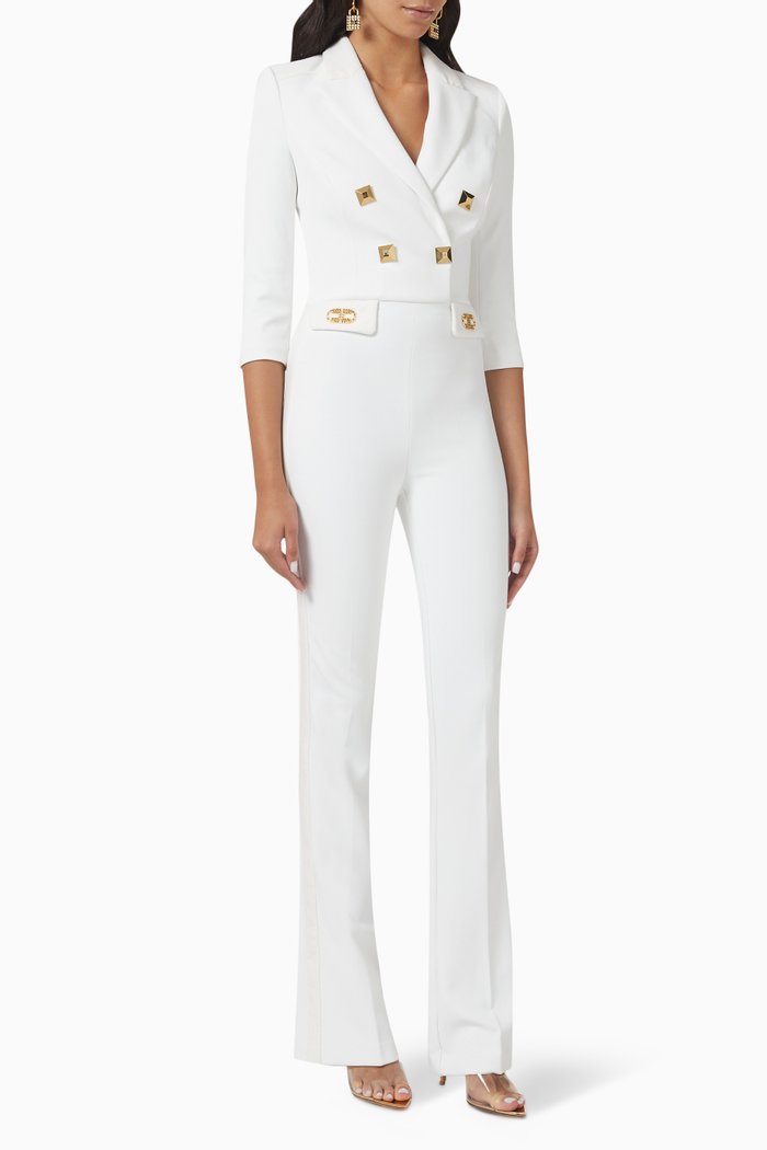 

Studded Double-breasted Jumpsuit in Stretch Crepe, White