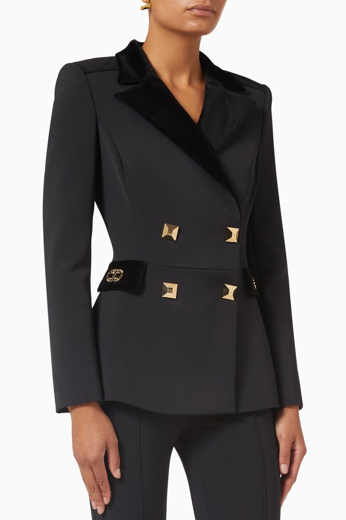 

Double-breasted Stud Blazer in Stretch-crepe, Black