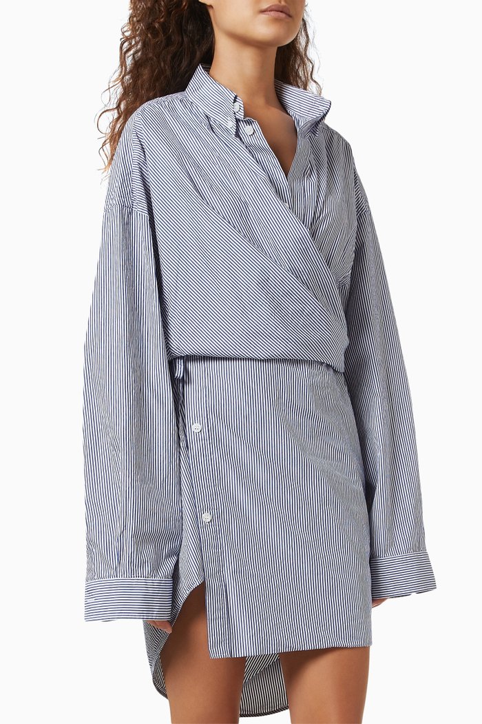 

Striped Wrap Mini Dress in Silk & Cotton Poplin, Blue