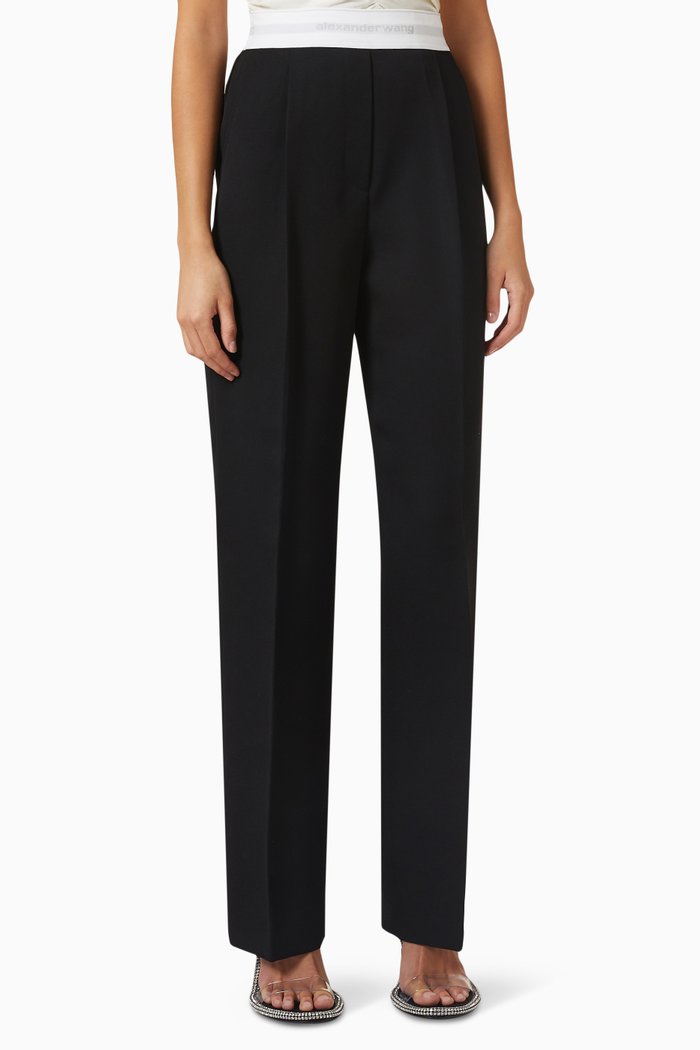 High-waist Pleated Pants in Wool Twill, Black