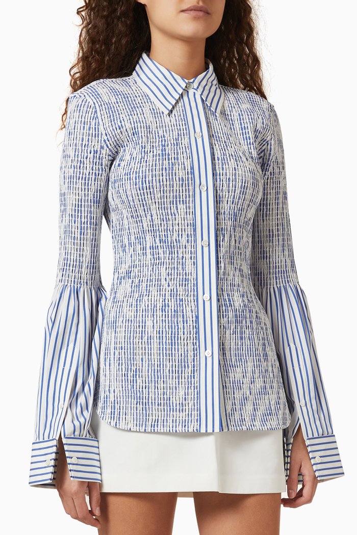 Smocked Stripe Shirt in Cotton Poplin, White