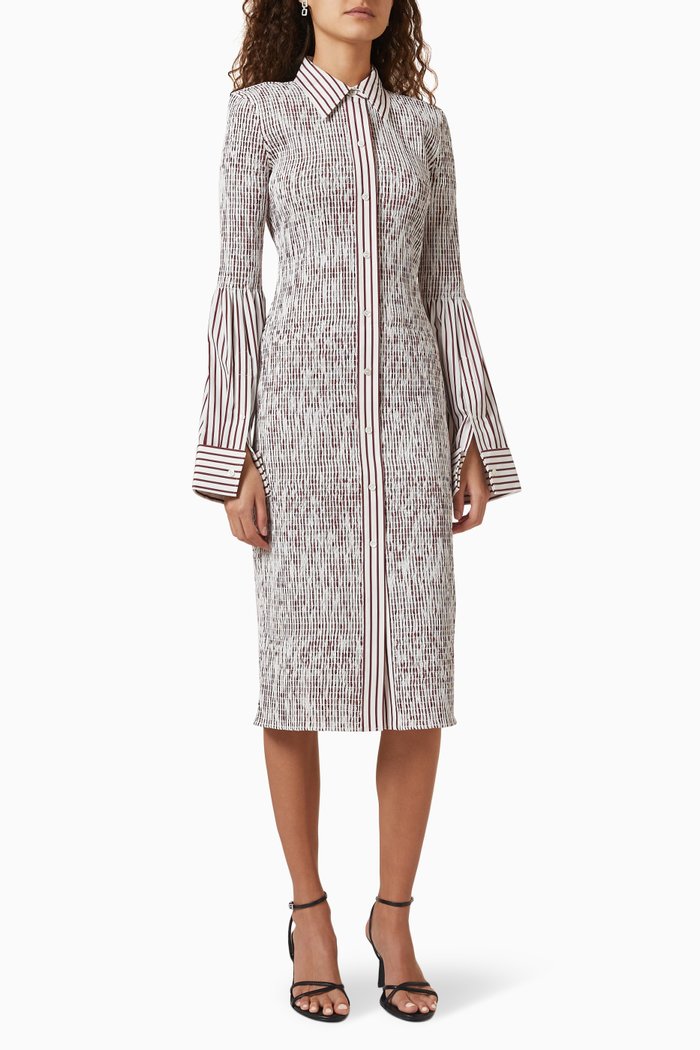 

Smocked Stripe Midi Shirt Dress in Cotton Poplin, White