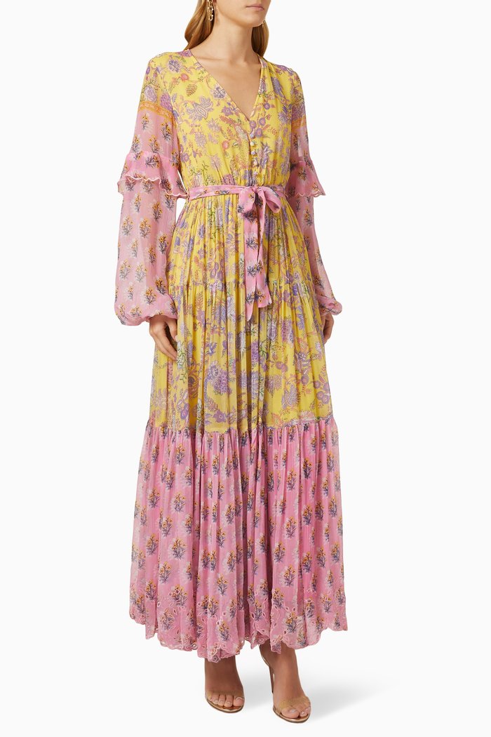 

Floral Tiered Maxi Dress in Cotton Gauze, Yellow