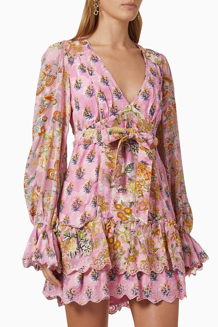

Floral Tiered Mini Dress in Cotton Gauze, Pink