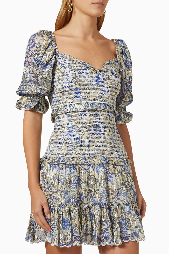 

Hera Smocked Mini Dress in Cotton Gauze, Blue