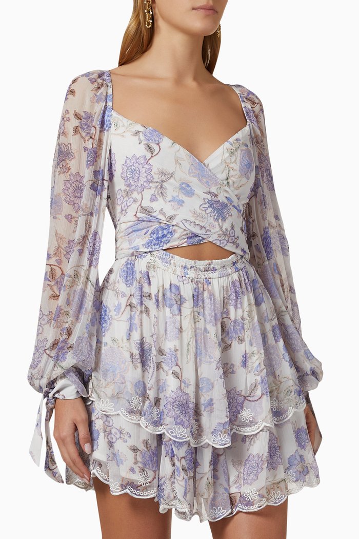 

Floral Wrap Mini Dress in Chiffon, White
