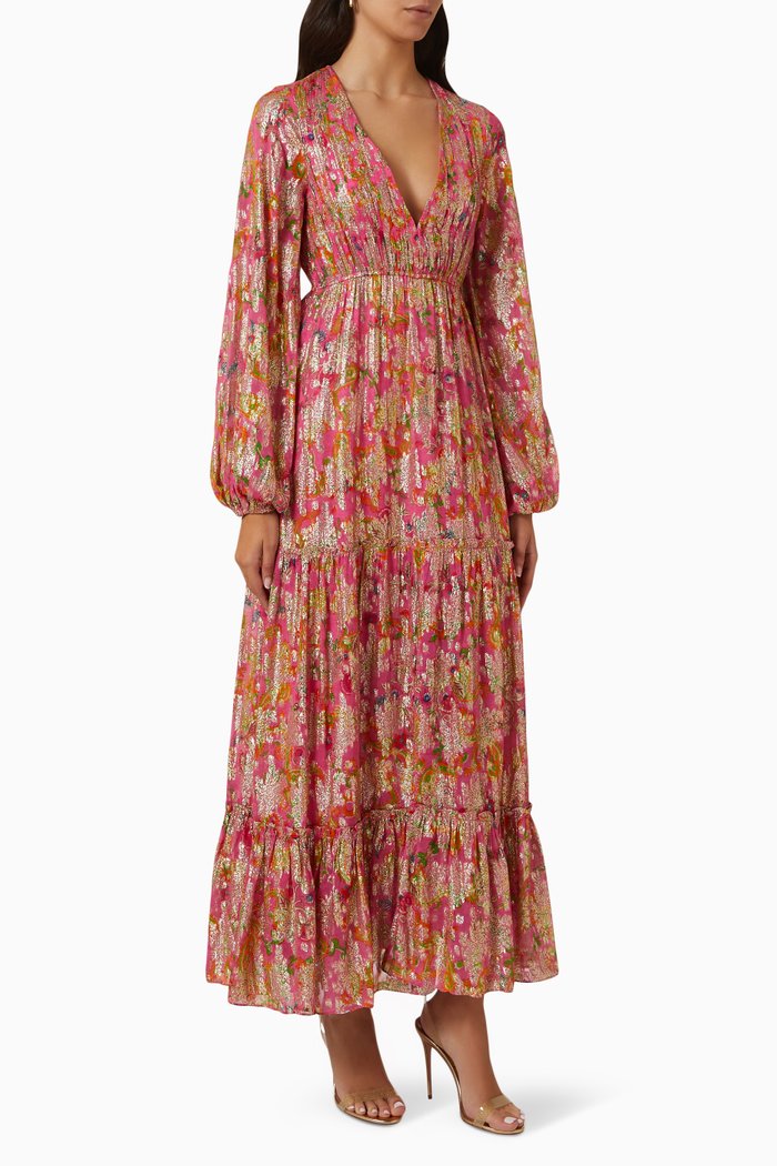 Bela Maxi Dress in Metallic Viscose, Pink