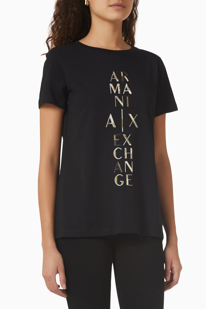 

AX Sequinned Logo T-shirt in Cotton Jersey, Black