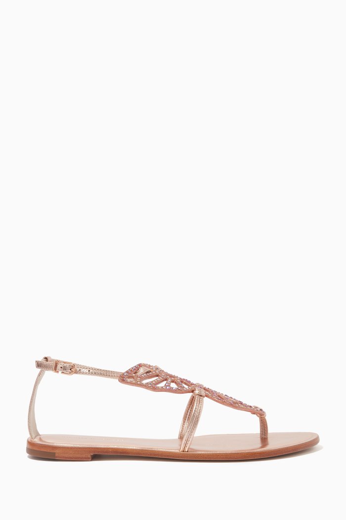 

Butterfly Crystal-embellished Flat Sandals in Metallic Leather, Gold