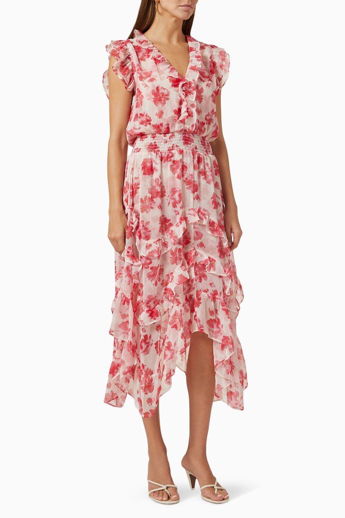 

Dakota Floral Print Midi Dress in Chiffon, Pink
