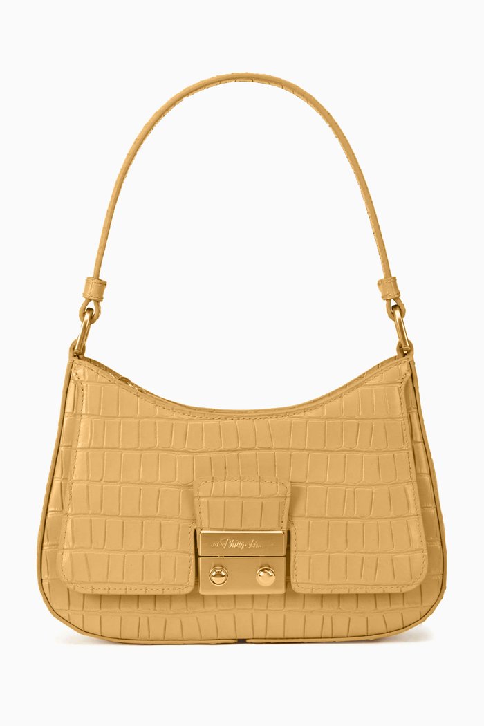 

Pashli Baguette Shoulder Bag in Croc-embossed Leather, Neutral