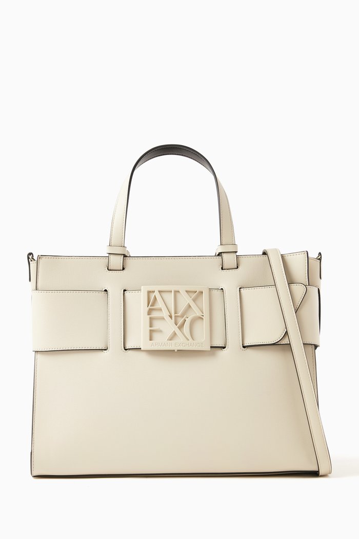 

Logo Plaque Big Tote Bag in Faux Leather, Neutral
