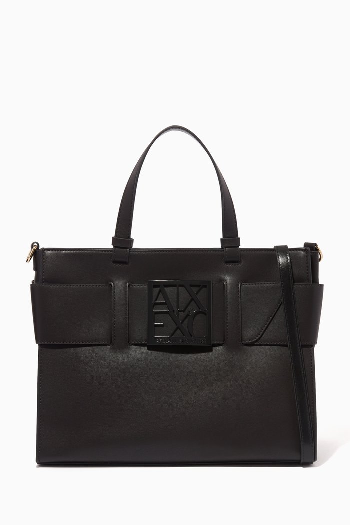 

Logo Plaque Big Tote Bag in Faux Leather, Brown