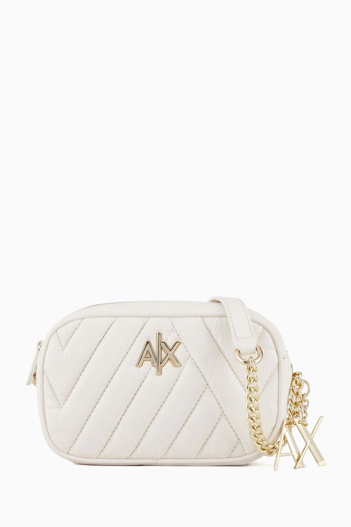 

AX Logo Camera Bag in Quilted Faux Leather, White