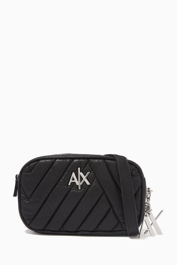 

AX Logo Camera Bag in Quilted Faux Leather, Black