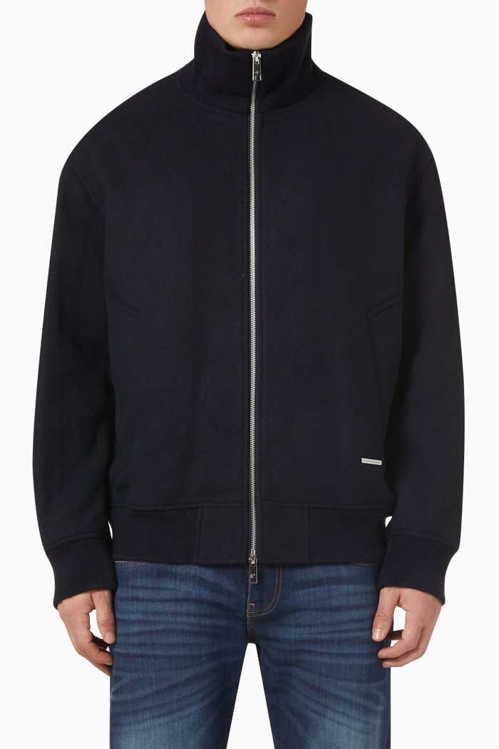 

High-neck Zip-up Jacket in Wool-blend, Blue