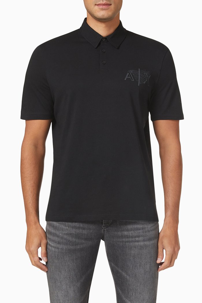 Eagle Logo Polo in Cotton Jersey, Black