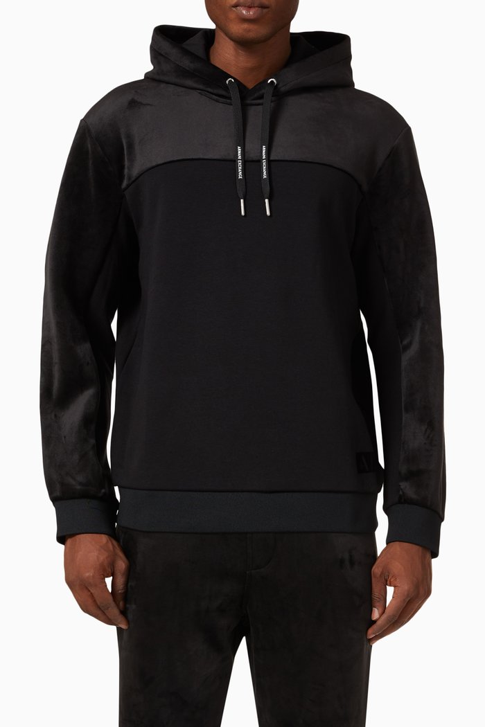 

Velvet Panel Hoodie in Cotton, Black