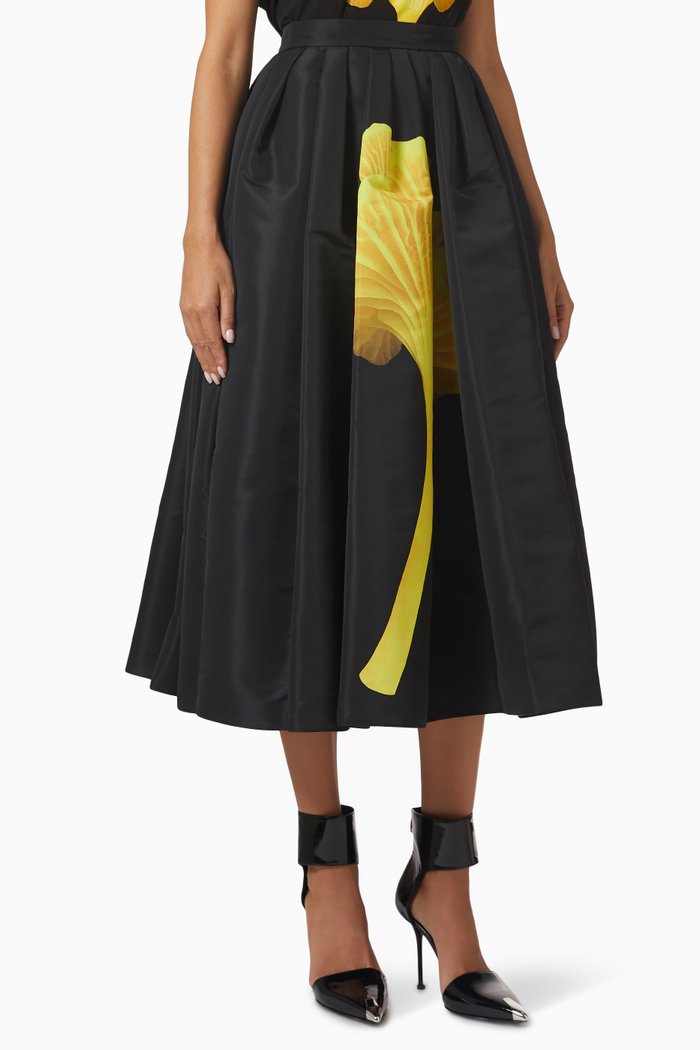 

Mushroom-print Pleated Midi Skirt, Black