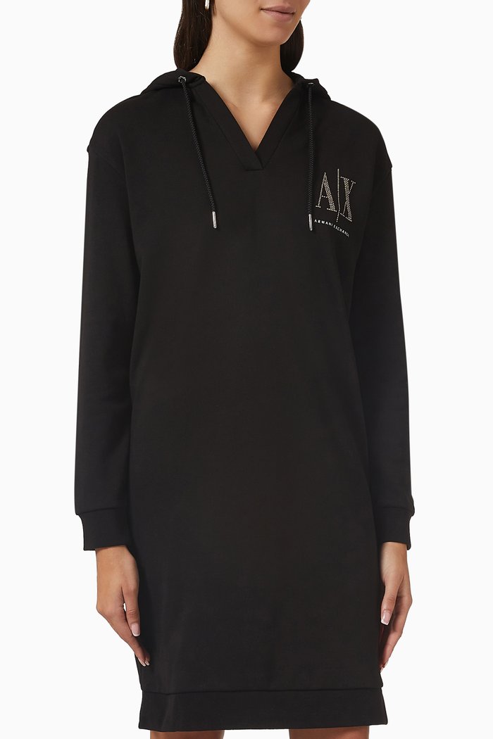 

Studded Icon AX Logo Hooded Dress, Black