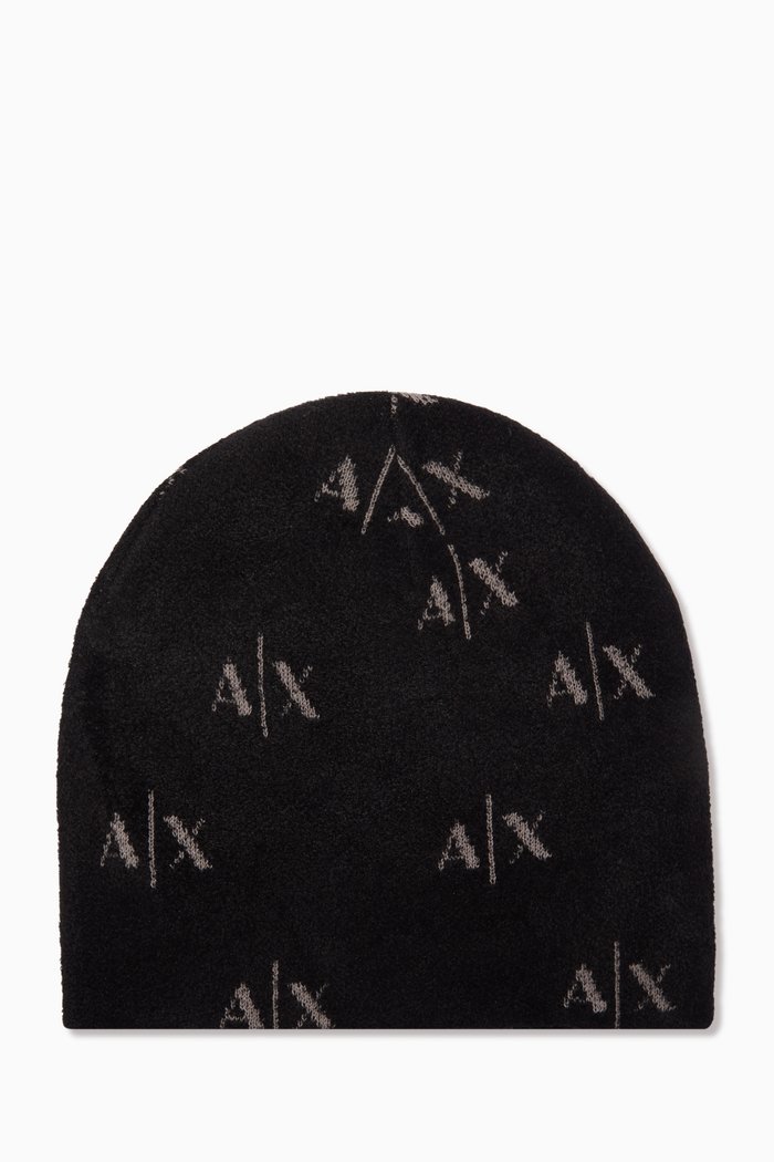 

AX Logo Beanie in Cotton-blend Knit, Black