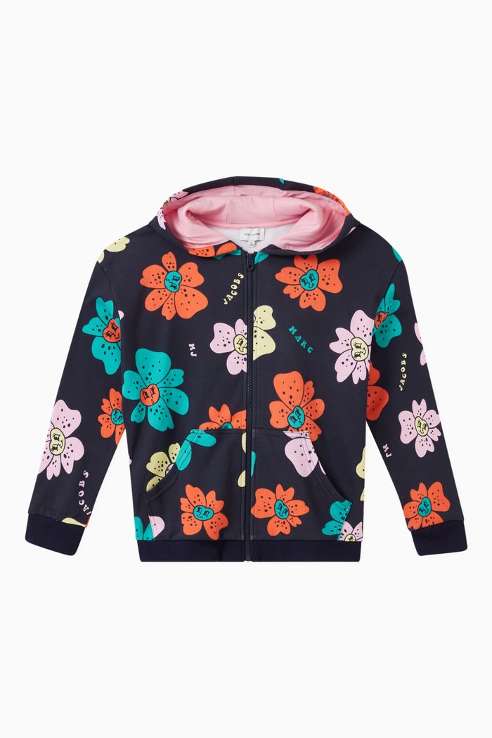 

Floral Print Hoodie in Jersey, Blue