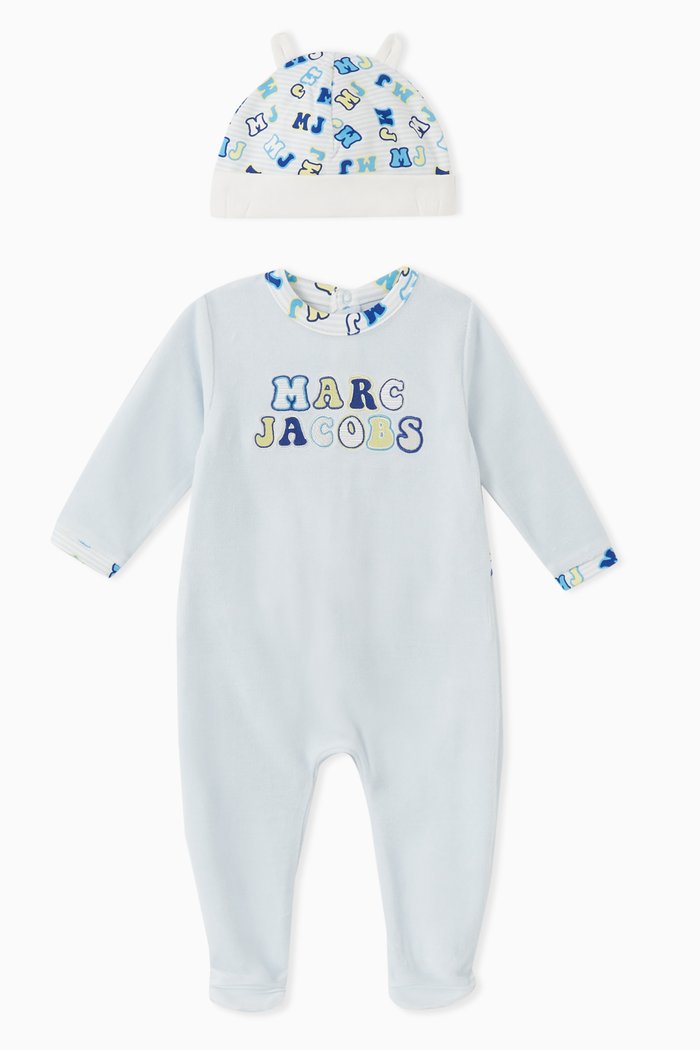 

Embroidered Logo Sleepsuit and Hat, Set of Two, Blue