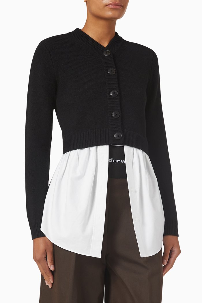 

Crop Cardigan in Merino Wool & Cotton Poplin, Black