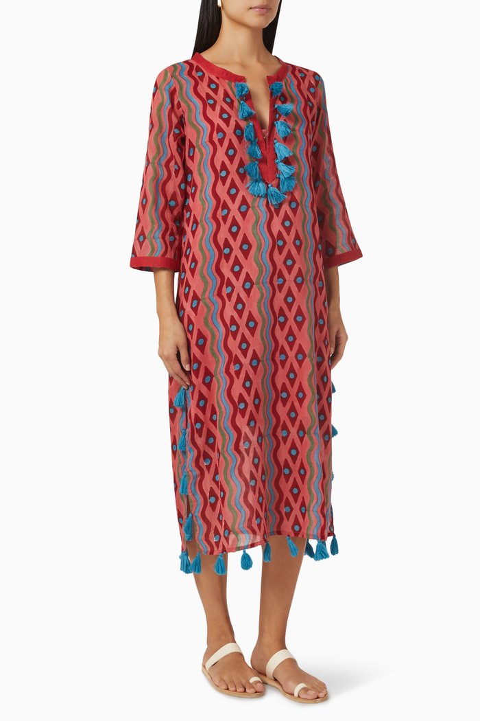

Printed Midi Kaftan in Cotton Voile, Red