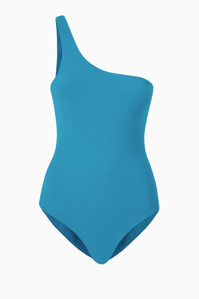 

One-Shoulder One Piece Swimsuit in Stretch Nylon, Blue