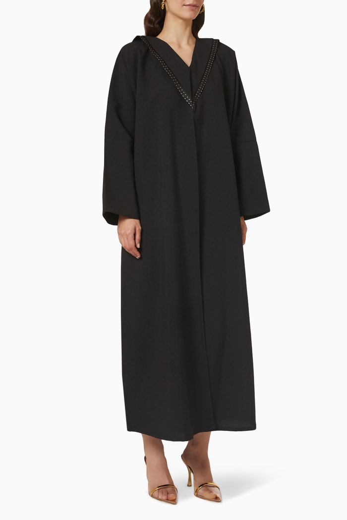 

Dotted Collar Abaya in Crepe, Black