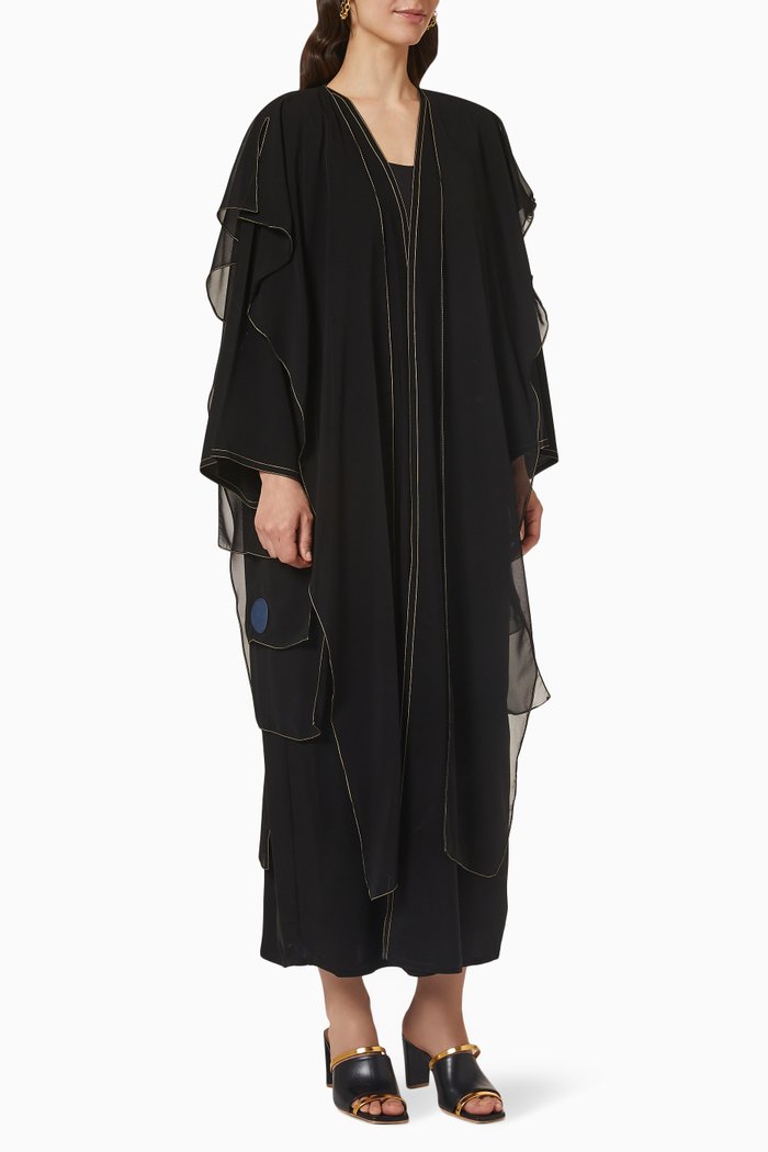 

Contrast Topstitch Layered Abaya in Crepe, Black