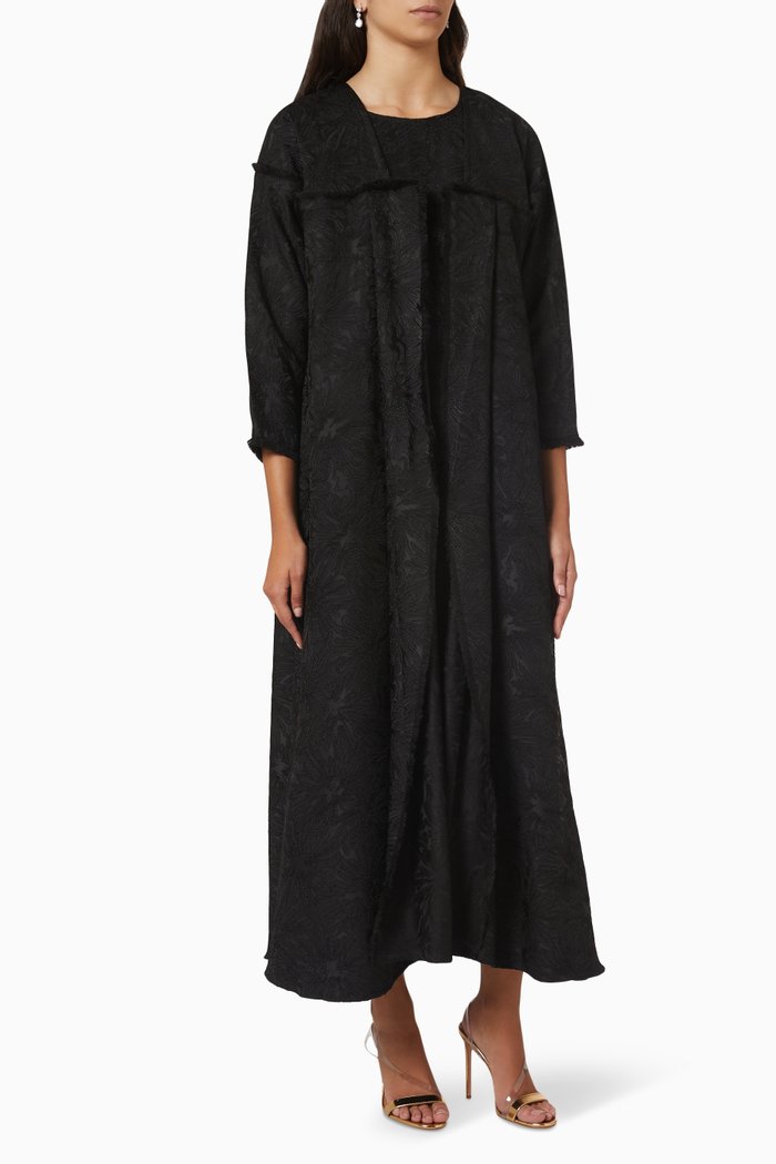 

Fringe Trim Abaya Set in Jacquard, Black