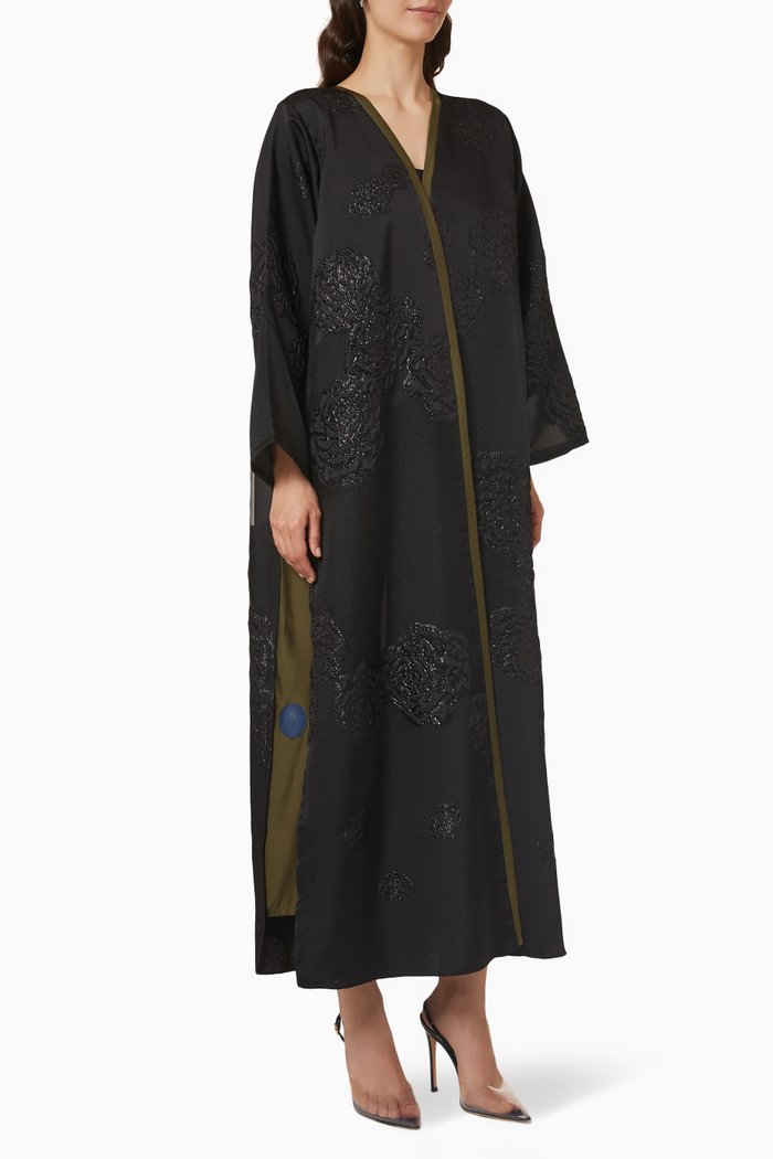 

Contrast Trim Floral Abaya in Metallic Jacquard Organza, Black