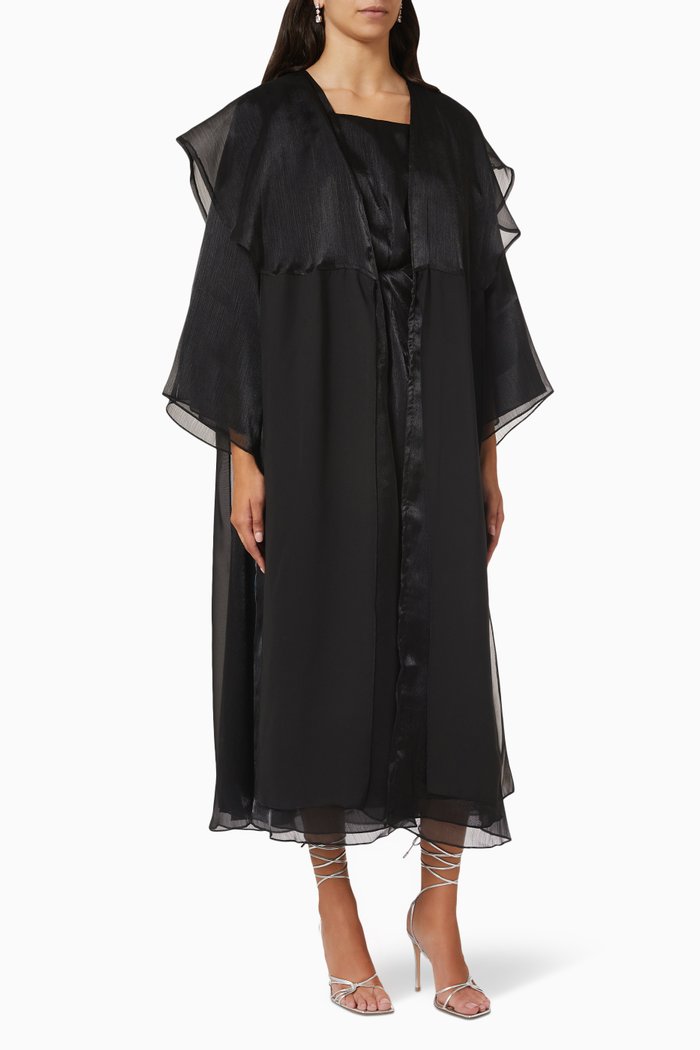 Layered Abaya Set in Metallic Organza & Chiffon, Black