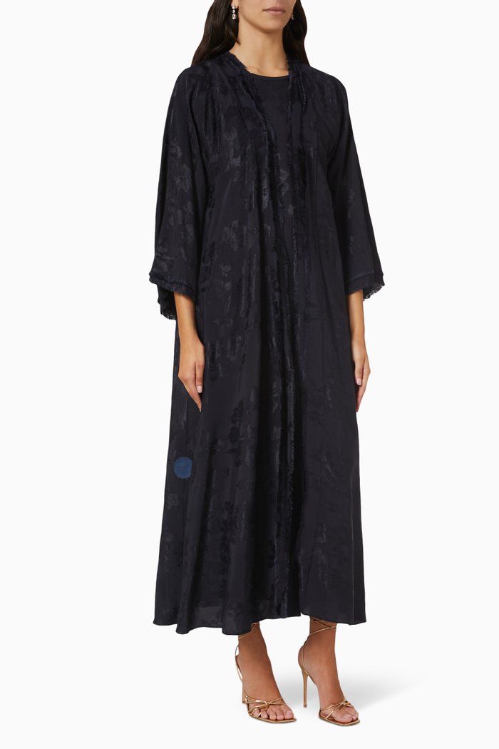 

Double-layer Fringe Trim Abaya Set in Floral Jacquard, Blue